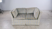 Load and play video in Gallery viewer, Vintage 1970 Thomasville Velvet Sofa in Blue and Olive Patterned Velour II

