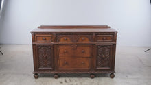 Load and play video in Gallery viewer, Antique 1920s Jacobean Revival Carved Wood Buffet Sideboard – 62 Inches
