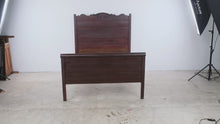 Load and play video in Gallery viewer, Antique Full Size Dark Wood Paneled Bed with Carved Headboard
