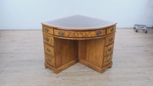 Load and play video in Gallery viewer, Rare Antique Burl Wood Corner Writing Desk with Inlaid Top &amp; Brass Hardware
