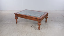 Load and play video in Gallery viewer, Glass Top Wood Coffee Table with Decorative Iron Scrollwork
