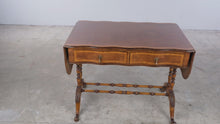 Load and play video in Gallery viewer, Vintage Drop Leaf Writing Desk with Two Drawers and Turned Stretcher Base
