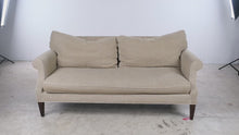 Load and play video in Gallery viewer, Traditional Beige Upholstered Sofa with Rolled Arms and Loose Cushions
