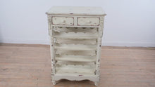 Load and play video in Gallery viewer, Distressed Painted Wine Rack Cabinet with Drawers and Metal Scroll Sides
