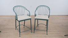 Load and play video in Gallery viewer, Pair of Green Metal Counter-Height Barstools – 24&quot; Seat Height
