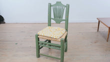 Load and play video in Gallery viewer, Mexican Folk Art Green Ladderback Chair with Handwoven Rush Seat
