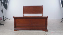 Load and play video in Gallery viewer, Queen Size Wood Sleigh Bed with Carved Panel Detailing
