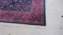 Load and play video in Gallery viewer, Vintage Handmade Persian Sarouk Style Wool Area Rug 94 x 120 Navy Floral Carpet
