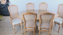 Load and play video in Gallery viewer, Stanley Furniture French Provincial Oak Dining Table and 6 Cane Back Chairs Pickled Finish
