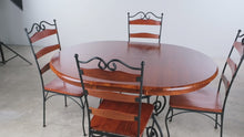 Load and play video in Gallery viewer, 5 Piece Round Wood and Wrought Iron Dining Set with Leaf
