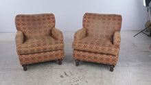 Load and play video in Gallery viewer, Pair of Traditional Upholstered Club Chairs with Patterned Fabric and Turned Wood Legs
