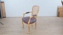 Load and play video in Gallery viewer, French Provincial Cane Back Armchair with Plaid Upholstered Seat
