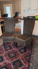 Load and play video in Gallery viewer, Pier 1 Rattan Dining Chairs with Dark Wood Frame Set of Two
