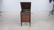 Load and play video in Gallery viewer, Antique 1920s Cabinet Phonograph Hand Crank Record Player Wood Console
