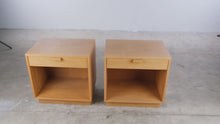 Load and play video in Gallery viewer, Pair of Charles Webb Solid Oak Modern Nightstands with Drawer and Open Shelf
