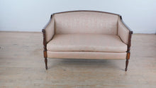 Load and play video in Gallery viewer, Sheraton Style Mahogany Upholstered Sofa with Inlaid Panels
