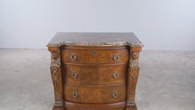 Load and play video in Gallery viewer, Bernhardt Empire Style Burl Wood Bachelor’s Chest with Marble Top and Lion Carvings
