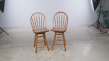 Load and play video in Gallery viewer, Pair of Solid Oak Windsor Counter Height Bar Stools with Spindle Backs

