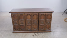 Load and play video in Gallery viewer, Vintage Spanish Revival Carved Wood Buffet with Six-Panel Doors

