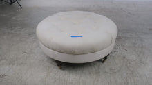 Load and play video in Gallery viewer, Ethan Allen Round Tufted Ottoman – Cream Upholstery &amp; Brass Casters
