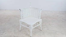 Load and play video in Gallery viewer, Antique Victorian Wicker Corner Chair White Ornate Scrollwork 34 Inch
