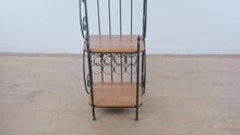 Load and play video in Gallery viewer, Wrought Iron Bakers Rack with Oak Shelves and Scrollwork Frame
