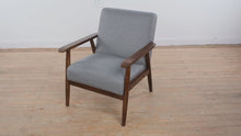 Load and play video in Gallery viewer, Hudson Mid-Century Modern Accent Chair with Solid Wood Arms &amp; Gray Upholstery
