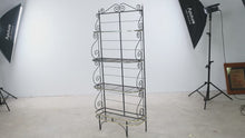 Load and play video in Gallery viewer, Vintage Black Iron Four-Tier Baker’s Rack with Brass-Tone Trim - 2 Available
