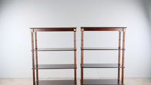 Load and play video in Gallery viewer, Pair of Regency Style Mahogany Open Bookcases with Brass Accents
