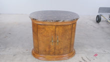 Load and play video in Gallery viewer, Thomasville Burl Wood and Marble Oval Nightstand Cabinet
