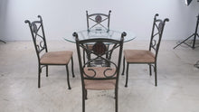 Load and play video in Gallery viewer, 5-Piece Metal and Glass Round Dining Set with Four Upholstered Chairs
