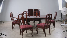 Load and play video in Gallery viewer, Flame Mahogany Double Pedestal Dining Table with Six Queen Anne Chairs and Two Leaves
