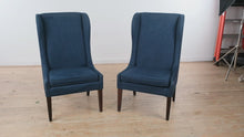 Load and play video in Gallery viewer, Pair of Madison Park Navy Upholstered Wingback Dining Chairs with Nailhead Trim

