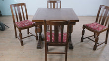 Load and play video in Gallery viewer, English Oak Pub Dining Table Set with Draw Leaf Extension and 4 Chairs
