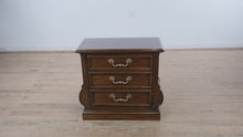 Load and play video in Gallery viewer, Elegant Thomasville 3-Drawer Nightstand – Sculpted Profile in Rich Walnut Finish
