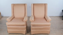 Load and play video in Gallery viewer, Pair of Highland House Hickory Wingback Lounge Chairs in Rose Diamond Upholstery
