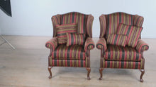 Load and play video in Gallery viewer, Pair of Broadmoor Wingback Chairs – Bold Striped Upholstery, Classic Carved Legs, Accent Pillows
