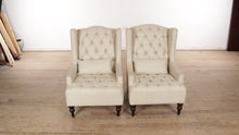 Load and play video in Gallery viewer, Pair of Linen Arm Chairs with Tufted Backs
