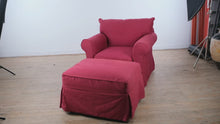 Load and play video in Gallery viewer, Red Upholstered Rolled Arm Lounge Chair with Ottoman
