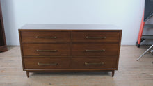 Load and play video in Gallery viewer, Mid Century Modern Walnut 7 Drawer Dresser Brass Hardware 64 Inch
