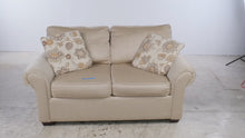 Load and play video in Gallery viewer, Golden Wheat Upholstered Loveseat by KFI with Rolled Arms &amp; Accent Pillows
