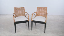 Load and play video in Gallery viewer, Pair of Rattan and Woven Cane Dining Armchairs with Black Frames
