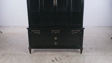 Load and play video in Gallery viewer, Rare Black Glass China Cabinet with Brass Hardware
