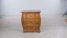 Load and play video in Gallery viewer, Solid Oak 3-Drawer Bombe Chest with Burl Wood Top
