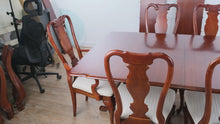 Load and play video in Gallery viewer, Sumter Cabinet Co Solid Cherry Double Pedestal Dining Table with 6 Chairs and Leaves
