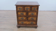 Load and play video in Gallery viewer, Burlwood-Style Nightstand with Decorative Brass Hardware
