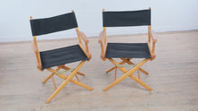Load and play video in Gallery viewer, Pair of Vintage Wooden Director’s Chairs with Black Canvas Seats &amp; Backs
