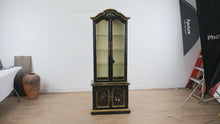 Load and play video in Gallery viewer, Antique Chinoiserie Display Cabinet by Flint and Horner Black Painted Curio Cabinet with Hand Painted Bird Motifs
