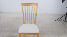 Load and play video in Gallery viewer, Stanley Furniture Maple Dining Chair Natural Wood Slat Back Ivory Upholstered Seat

