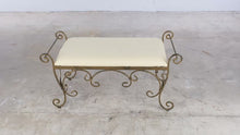 Load and play video in Gallery viewer, Scrolled Wrought Iron Upholstered Bench with Cream Cushion
